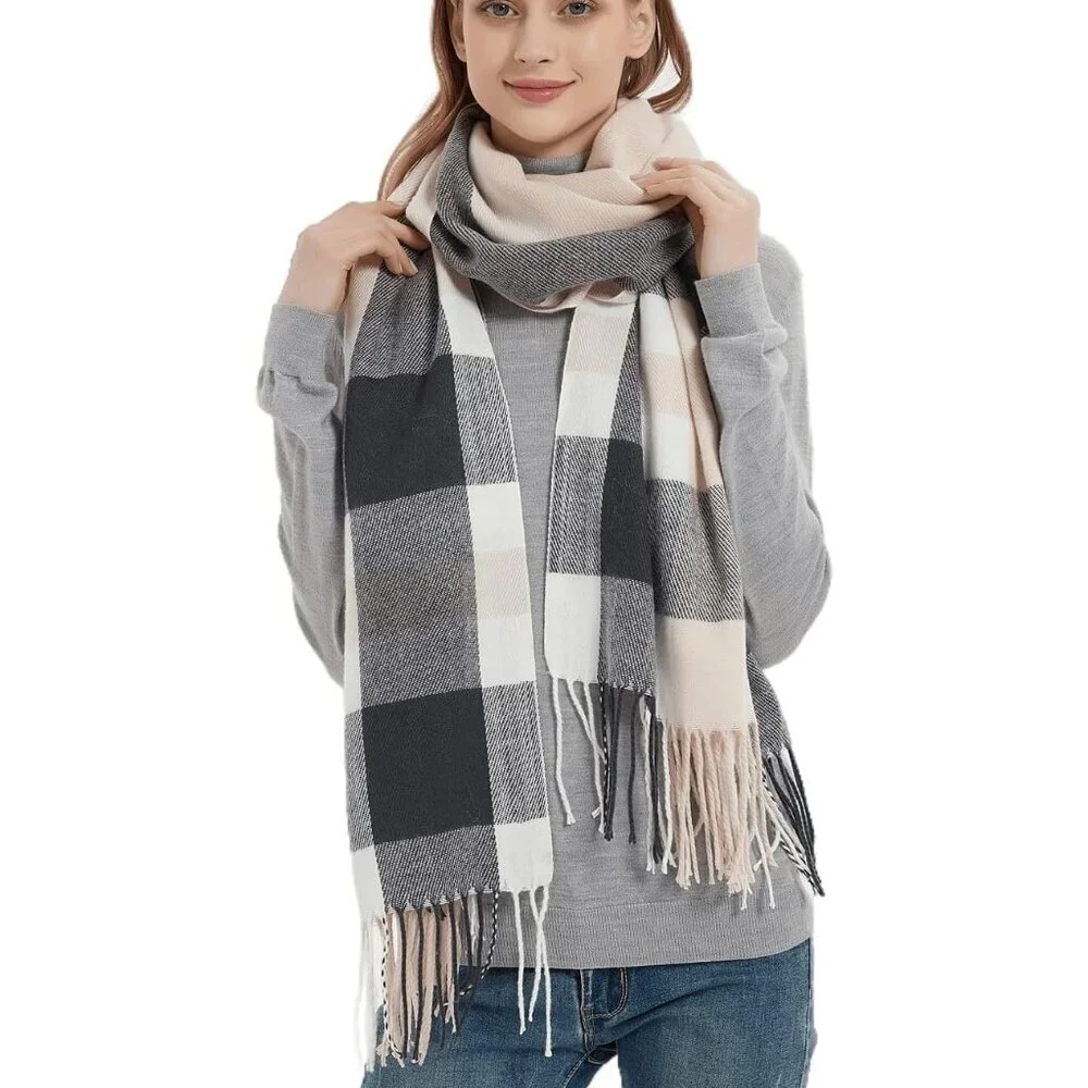 Women's Grey Pink Fashion Long Shawl Big Grid Winter Warm Lattice Large Scarf